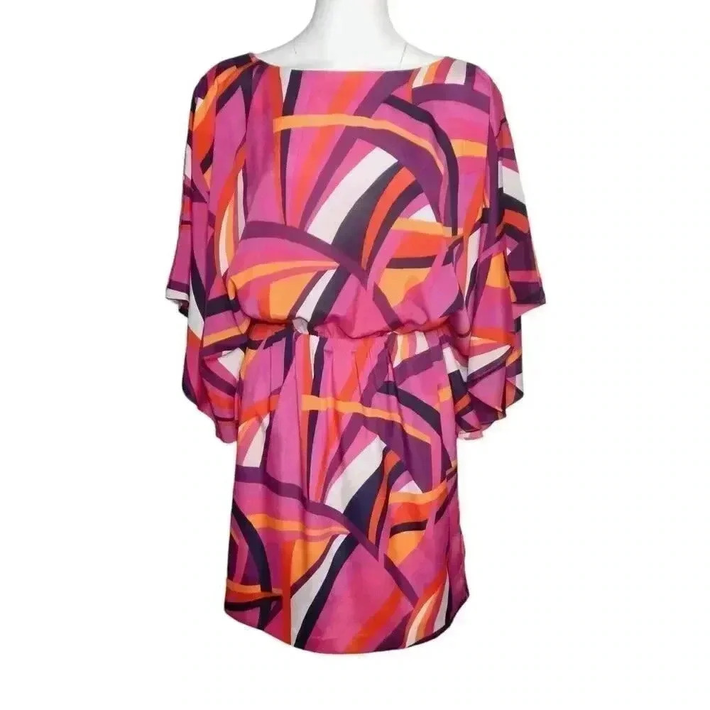 Trina Turk Mingus Kimono Sleeve Dress Size Medium Pink Blouson Boat Neck
